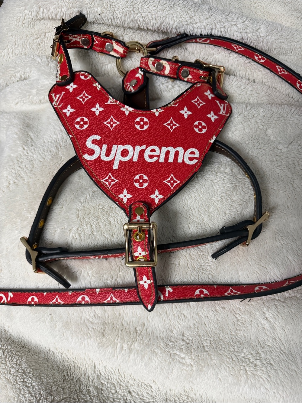 Supreme Red Logo Leather Dog Harness with White Monogram Accents
